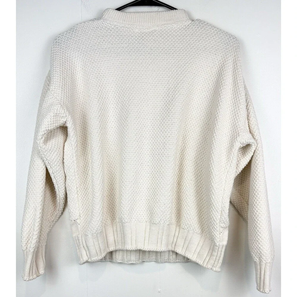 Womens L Vintage Sweater Knit Cream Cotton Grannycore 90s Mom Fisherman Crewneck - Picture 6 of 9